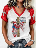 Women'S Freedom Cross American Flag Print Casual V Neck T-Shirt