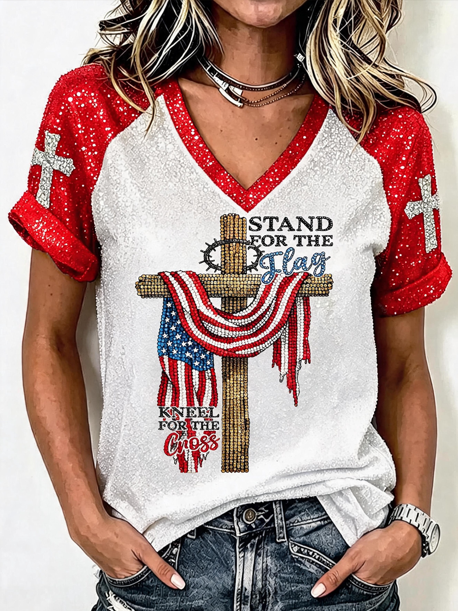 Women'S Freedom Cross American Flag Print Casual V Neck T-Shirt