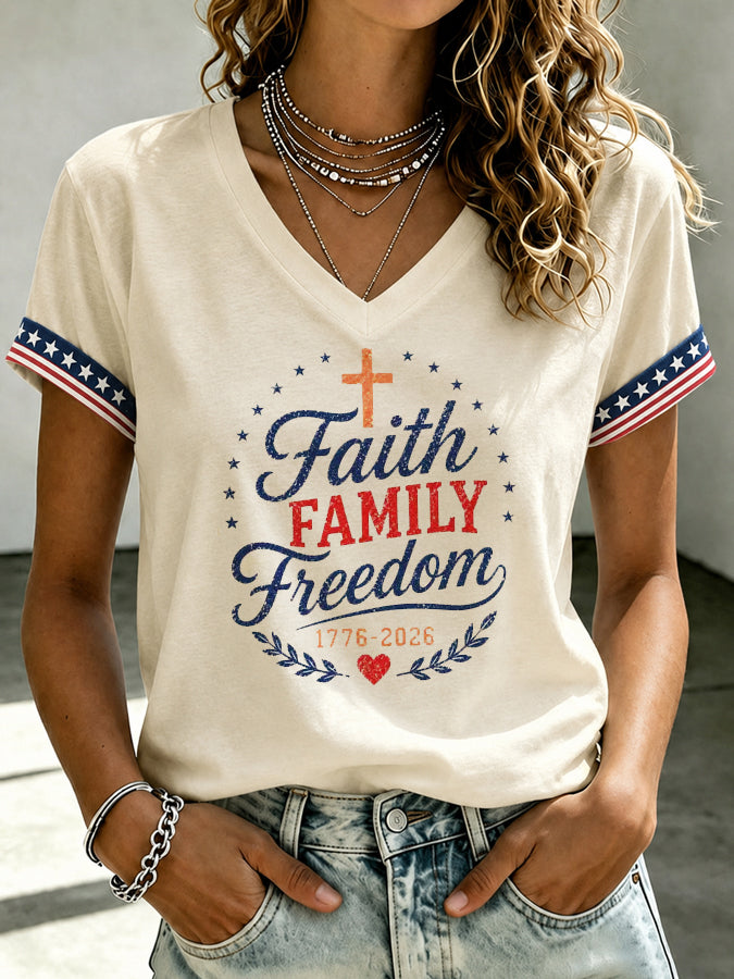 Faith Cross Print Gradient V-Neck Top