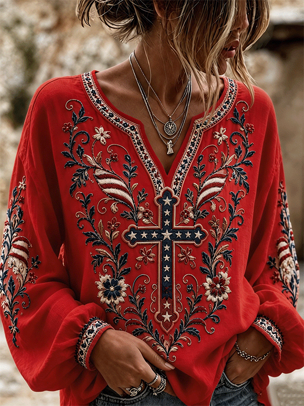 Women's American Flower Cross Faith Cotton and Hemp Top