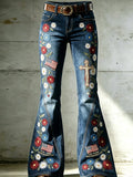 Women's Religious Beliefs Sparkling Diamond US Independence Day Flag Embroidered Jeans