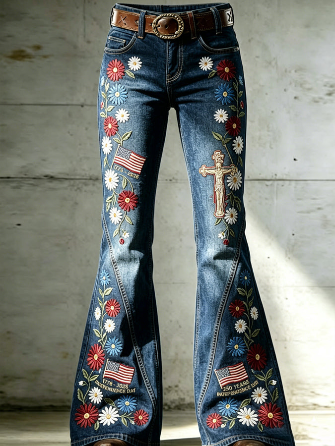Women's Religious Beliefs Sparkling Diamond US Independence Day Flag Embroidered Jeans
