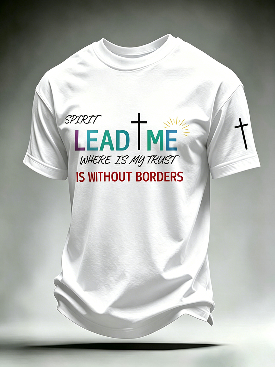 Faith Cross Slogan Commemorative Printed Round Neck T-Shirt