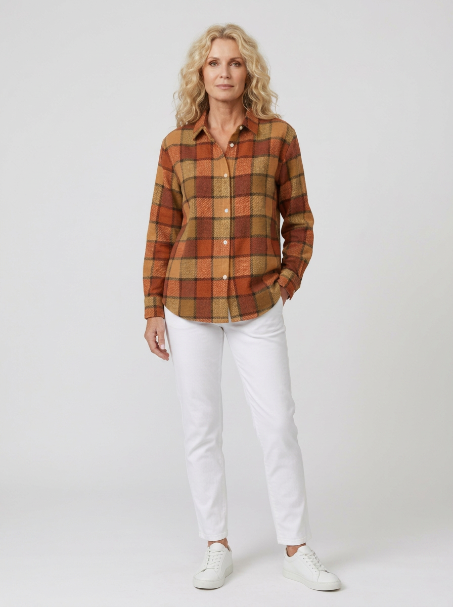 Women's Autumn Casual Orange Plaid Printed Button-down Shirt