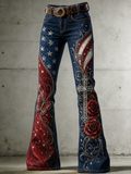 Women's Rhinestone Cross Rose Butterfly American Flag Star Decor High Rise Jeans