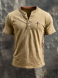 Men'S Faith Casual Washed Spliced Cotton And Linen Henry Button Top