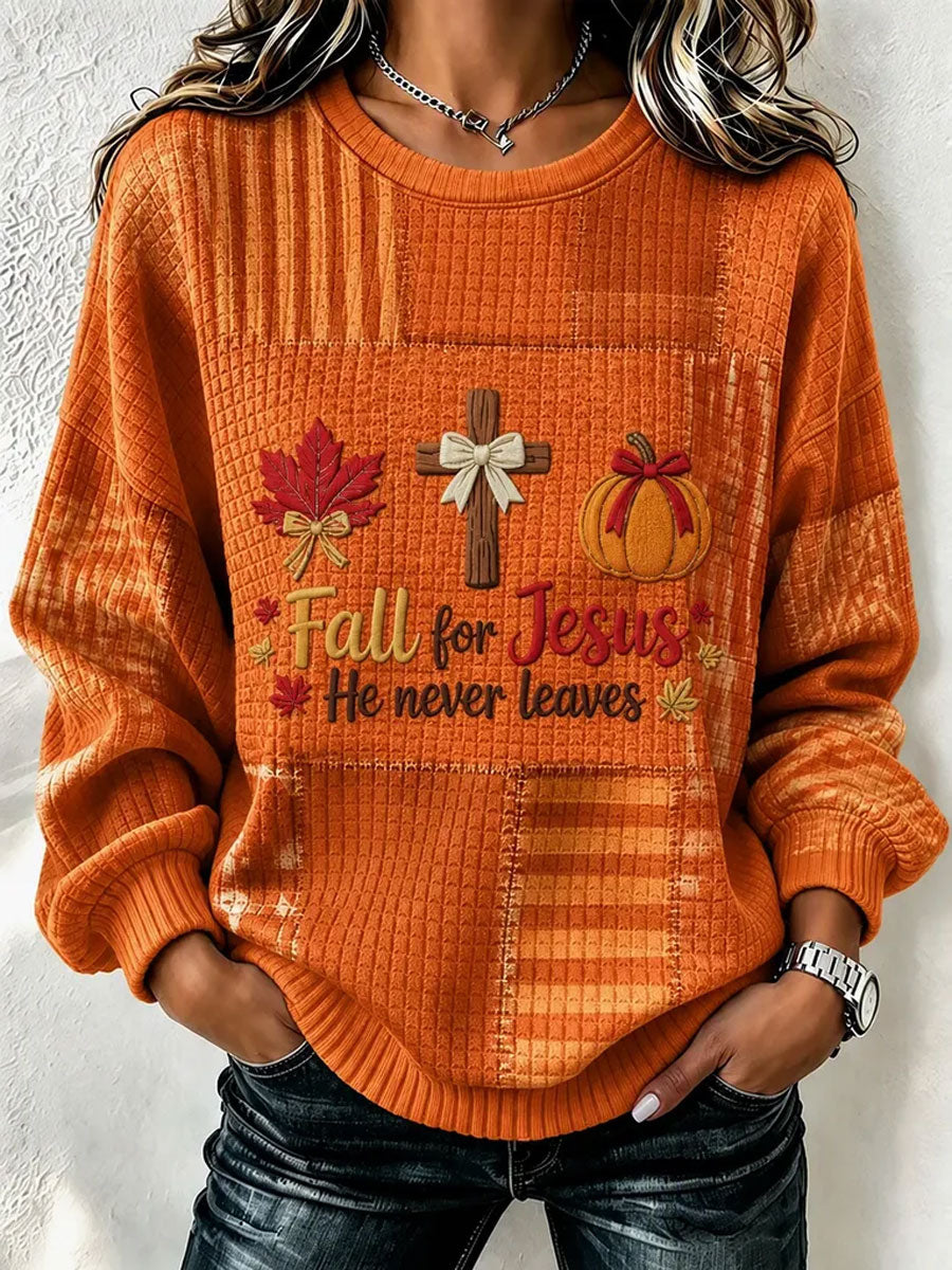 Women's Autumn Pumpkin Faith Printed Round Neck Checkered Sports Shirt