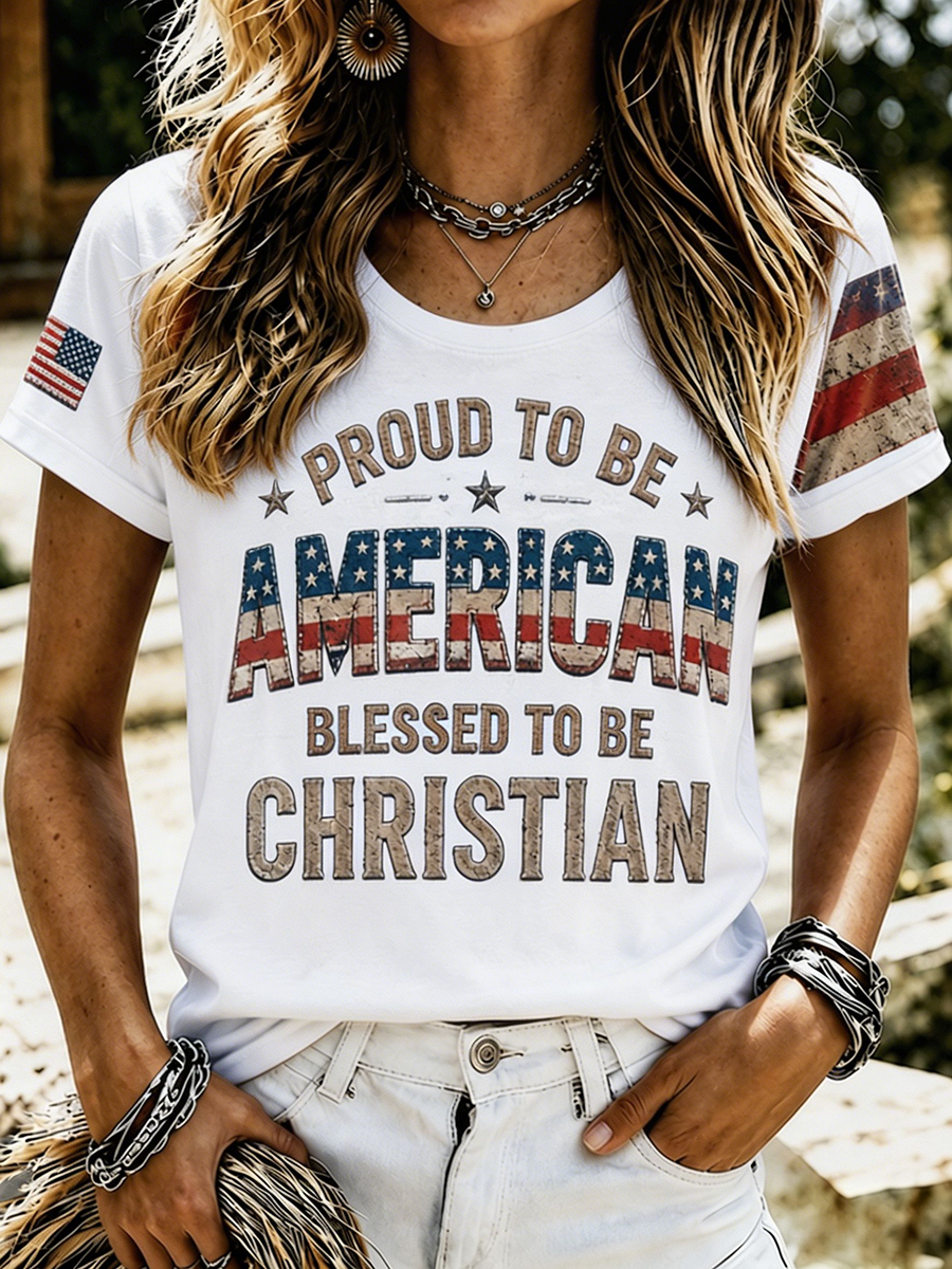 Women's Proud To Be American Blessed To Be Christian Vintage USA Flag T-Shirt