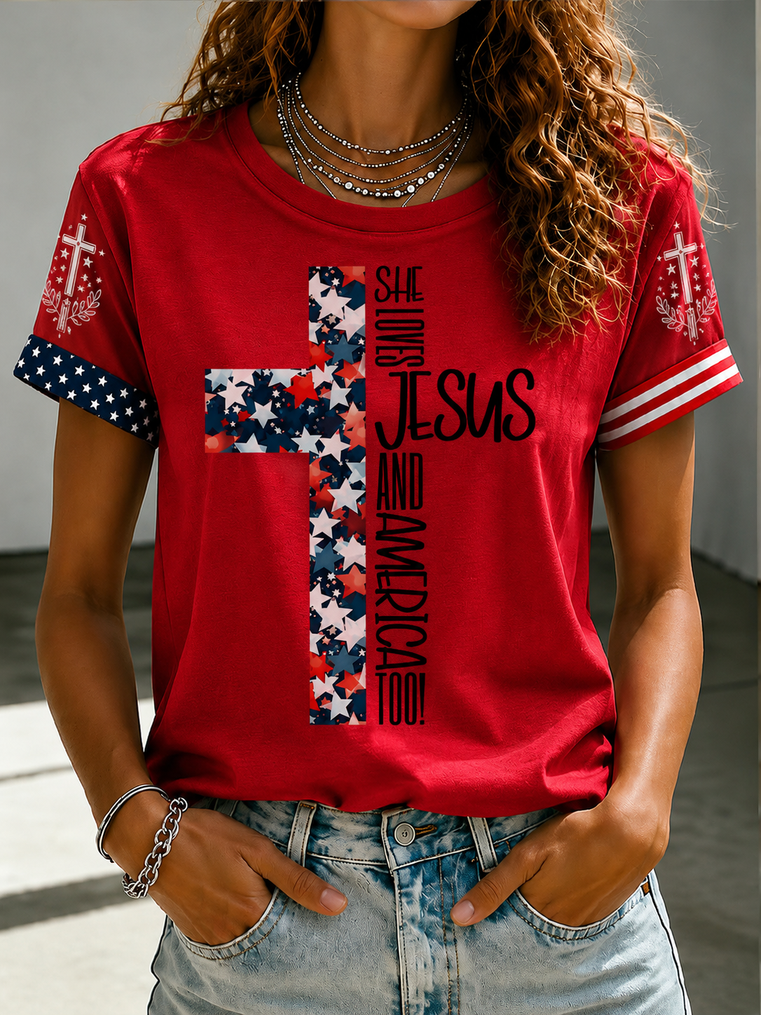 Women'S Loves Jesus And America Too Printed T-Shirt
