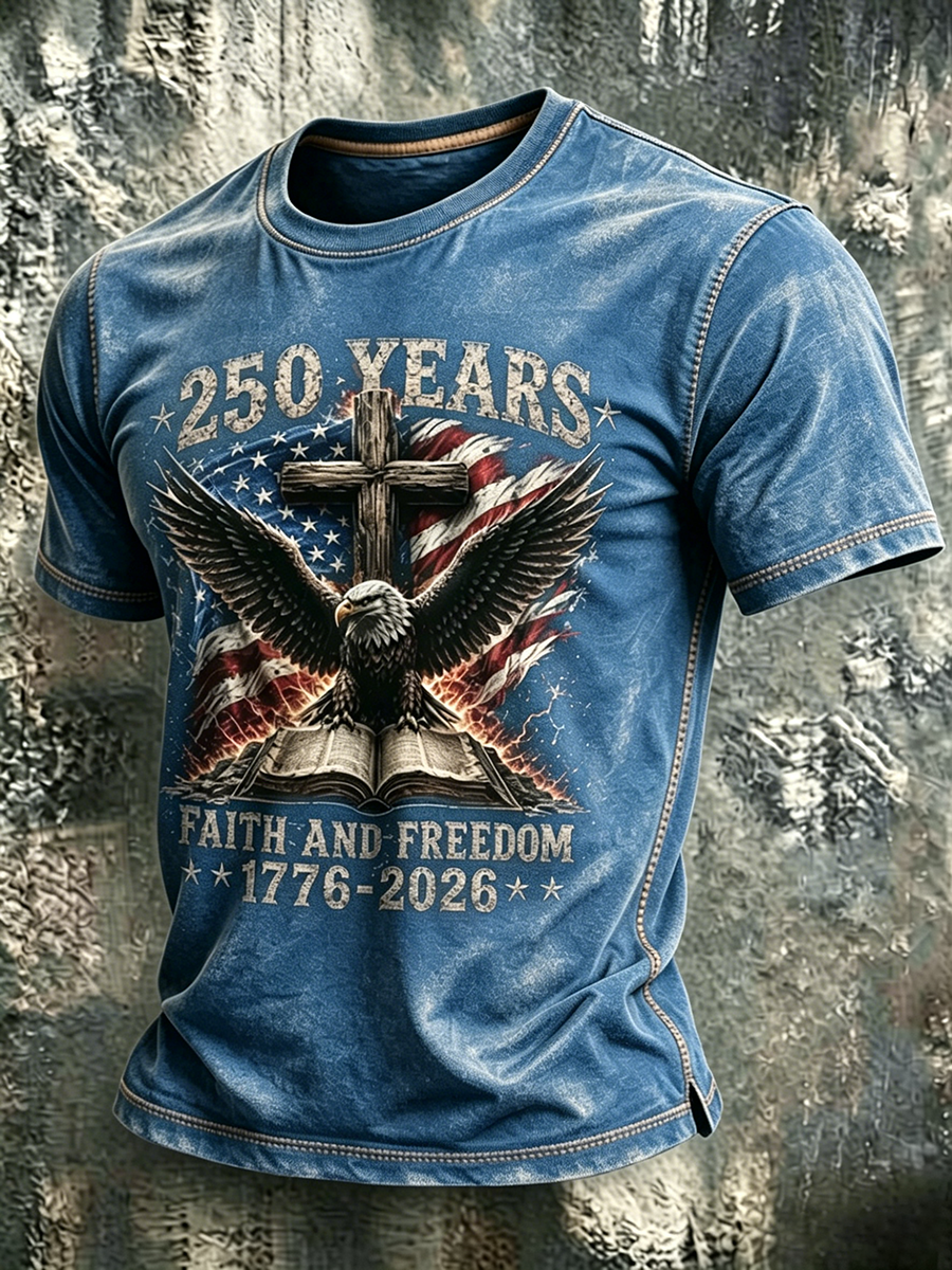 American Anniversary Celebration Commemorative Faith Printed Round Neck T-Shirt