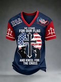 Men's America's 250th Anniversary Stand For The Flag Kneel For The Cross Faith Christian Cross Print T-Shirt