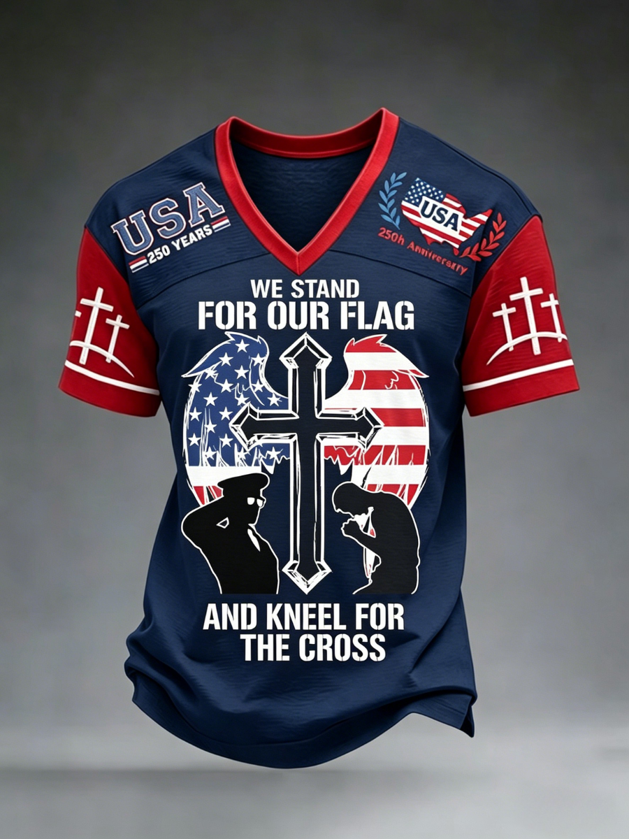 Men's America's 250th Anniversary Stand For The Flag Kneel For The Cross Faith Christian Cross Print T-Shirt