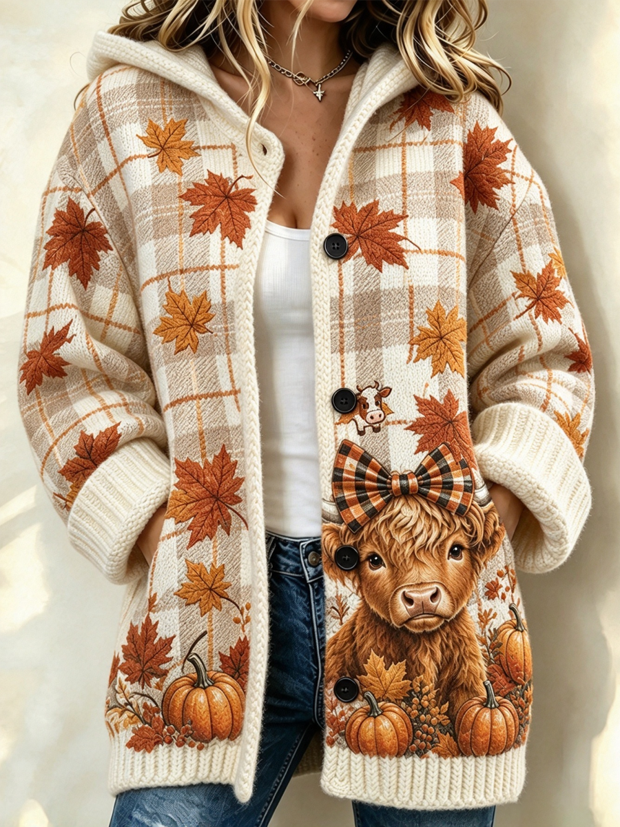 Women'S Highland Cattle Print Casual Cardigan
