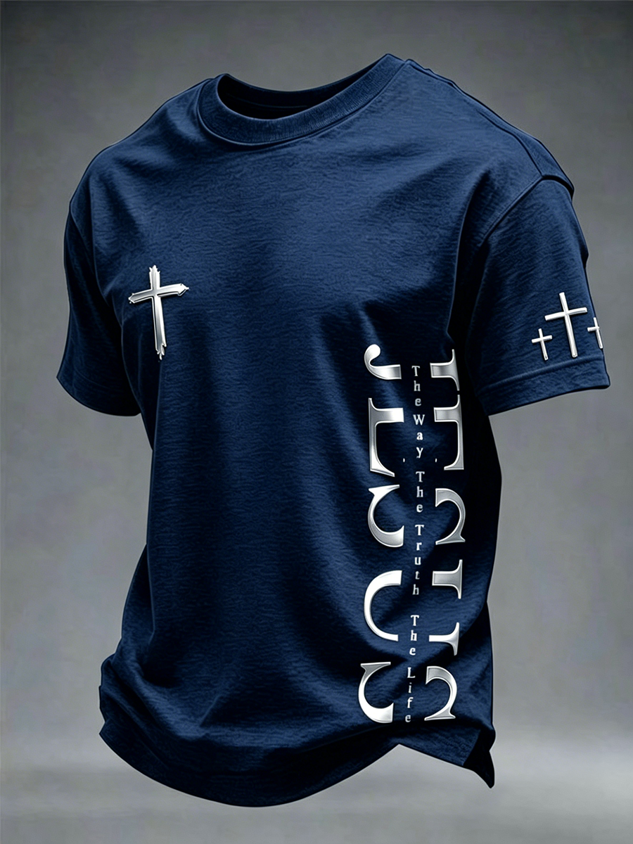 Jesus Cross Faith Commemorative Printed Round Neck T-Shirt