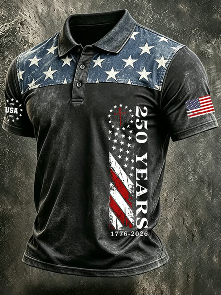 Men's Vintage USA 250th Anniversary One Nation Under God Print Polo Shirt
